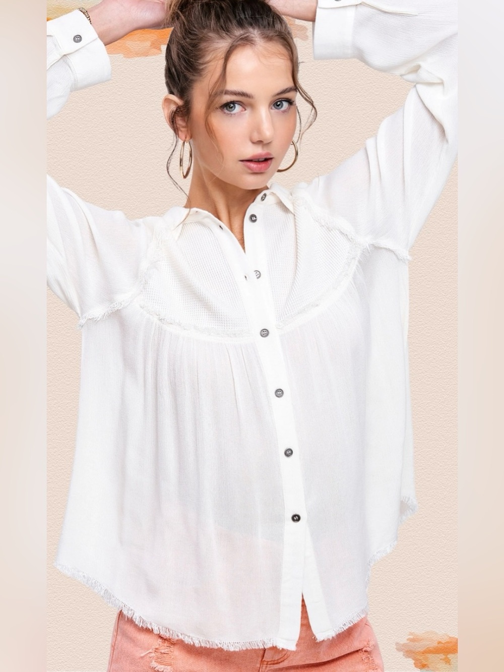 La Miel - Relaxed Off White Button-Down Shirt with Subtle Frayed Trim